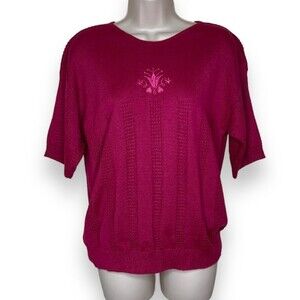 Vintage Cricket Lane Short Sleeve Embroidered Sweater Berry Pink Women Large